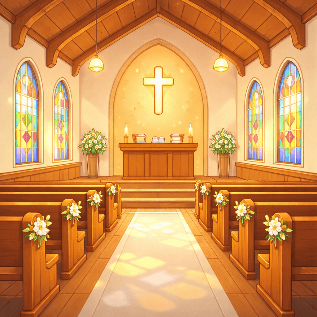 Beautiful church interior with warm light and stained glass windows