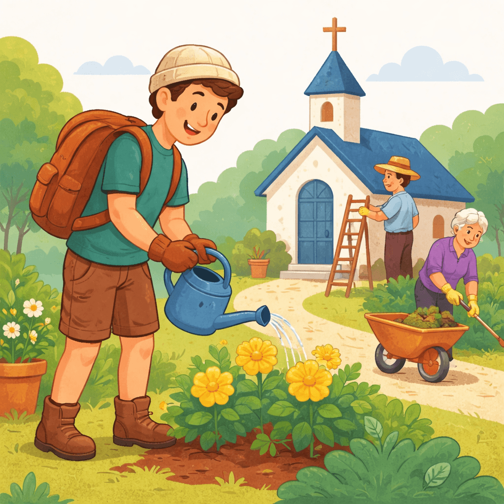 Volunteer helping with church gardening and maintenance