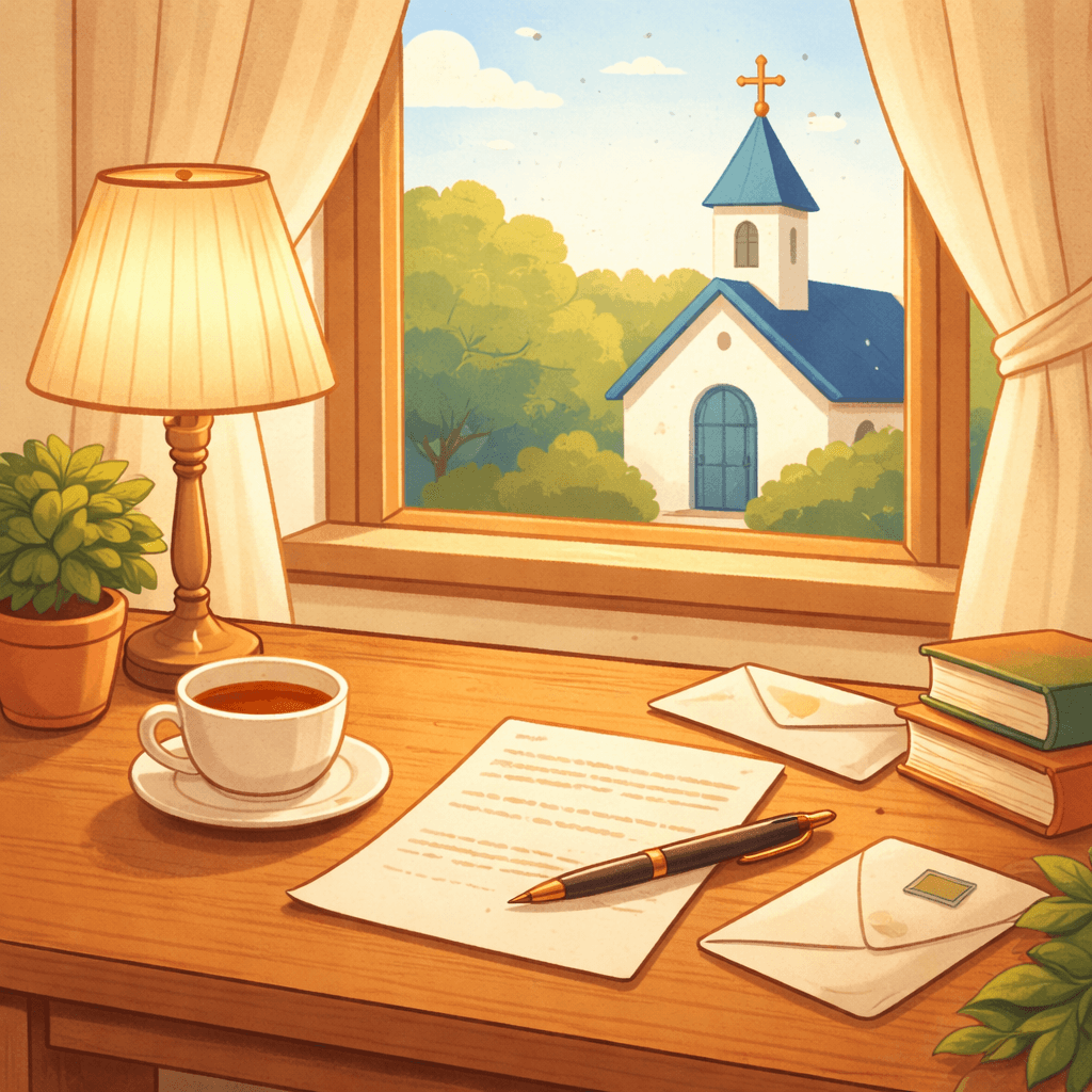 A peaceful writing desk with a church visible through the window