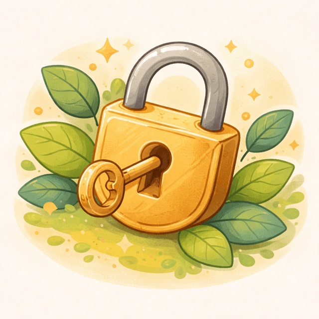 A golden lock with a key surrounded by leaves, symbolizing data protection