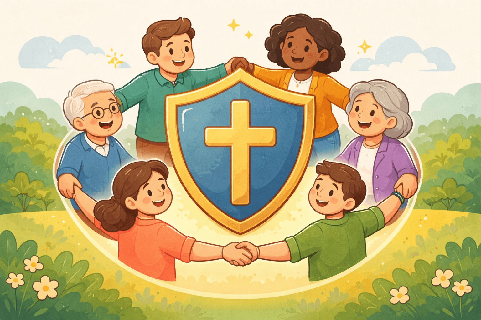 A diverse community gathered around a protective shield