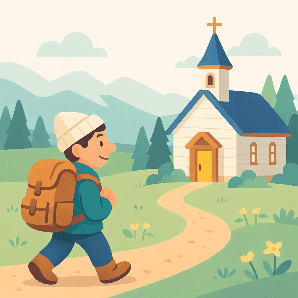 A traveler with a backpack walking toward a welcoming church in a scenic Canadian landscape